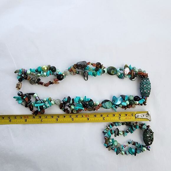 Handmade Artisan Genuine Turquoise Blue pearl Chrysacolla boho beach necklace - Picture 2 of 12